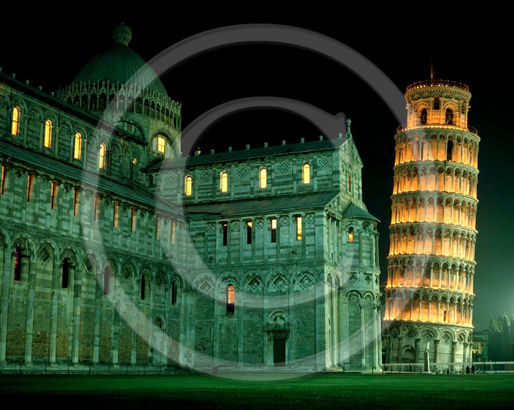 2001 - Night view of cathedral of Pisa town and the leaning tower in the square of Miracle.