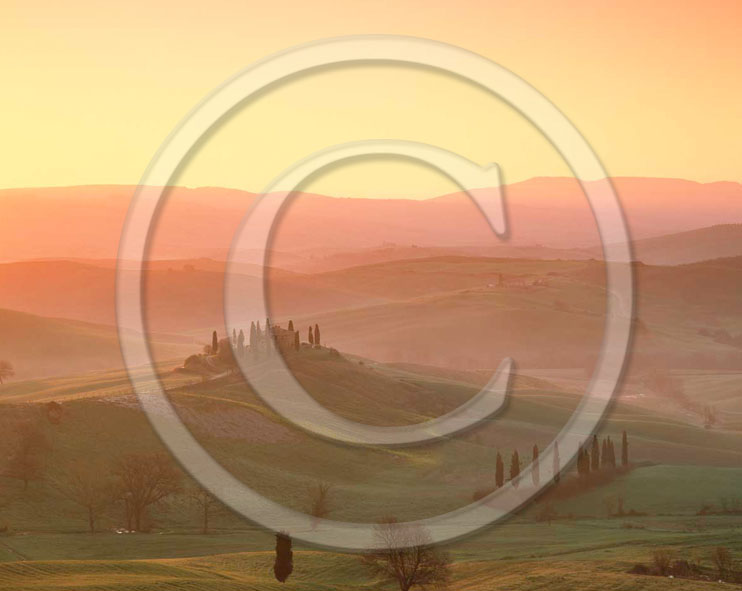 2000 - Landscapes of farm and cipress on sunrise in spring, near S.Quirico village, Orcia valley, 15 miles south province of Siena.