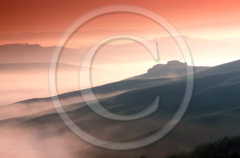 2001 - Landscapes of Crete senesi with fog on sunrise in winter, near Mucigliani place, Crete land, 8 miles south the province of Siena.