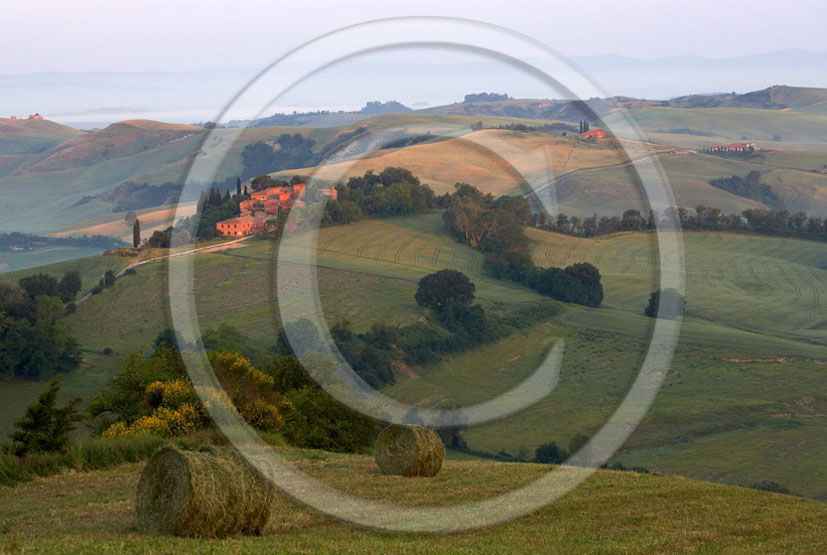 2005 - Landscapes of farm with rolls of bead on early morning in summer, Montemori place, Crete Senesi land, 23 miles south province of Siena.