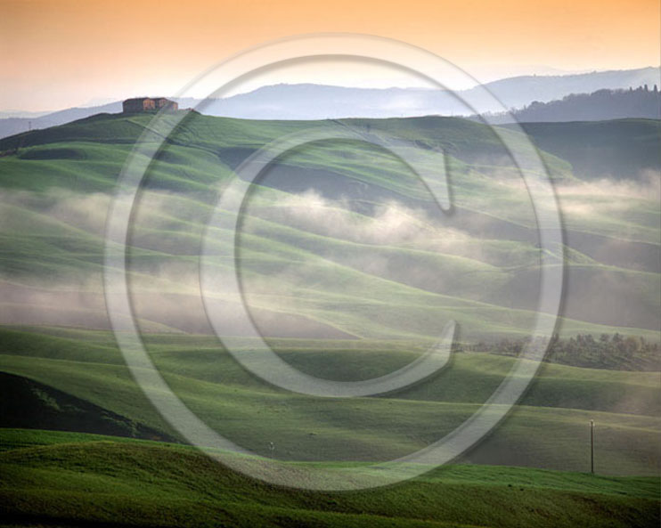 2002 - Landscapes of farm and fog on sunrise in spring, Mucigliani place, near Taverne village, Crete Senesi land, 8 miles south province of Siena.