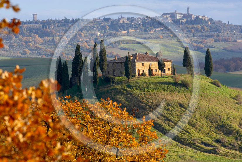 2005 - Landscapes of farm and cipress with Pienza medieval village in background on early morning in autumn, near S.Quirico village, 19 miles south province of Siena.