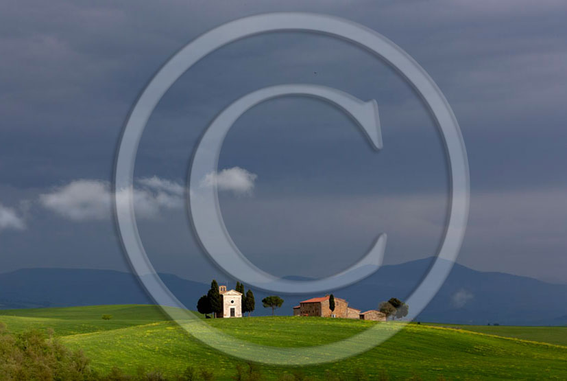 2006 - Landscapes of farm and church a bit before thunderstorm in spring, near Pienza village, 22 miles south province of Siena.