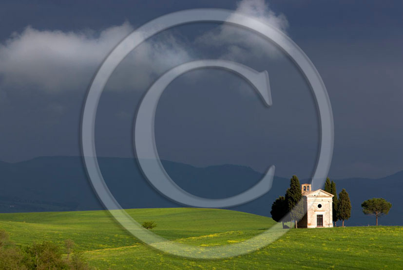 2006 - Landscapes of farm and church a bit before thunderstorm in spring, near Pienza village, 22 miles south province of Siena.