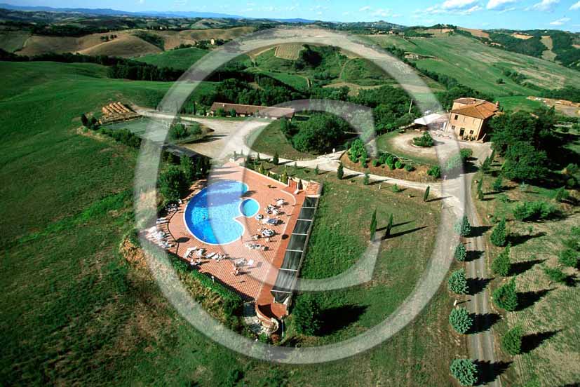 2001 - Aerial view of holidays farm, Crete Senesi land, near Buonconvento village, 18 miles south the province of Siena.