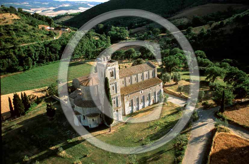 2001 - Aerial view of S.Antimo abbay, Arbia valley, near Montalcino village, 20 milse south the province of Siena.