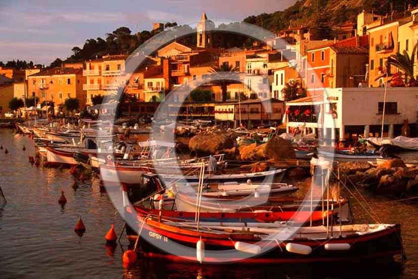 2004 - View of Isle of Giglio, port and boats in early morning, Tirreno sea, Maremma land, 80 miles south the province of Grosseto.