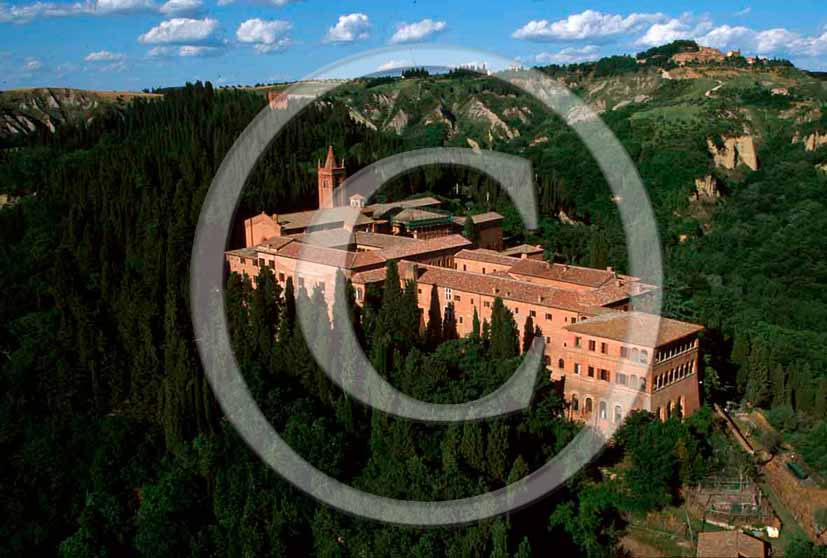 2001 - Aerial view of Mont Oliveto abbay, Arbia valley, near Buonconvento village, 23 miles south the province of Siena.