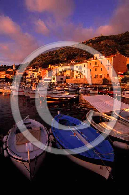 2004 - View of boats in Isle of Giglio port in early morning, Tirreno sea, Maremma land, 80 miles south the province of Grosseto.s