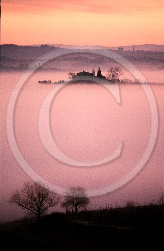 1999 - Landscapes of farm with fog on sunrise in winter, near Quercegrossa village, 8 miles south the province of Siena.