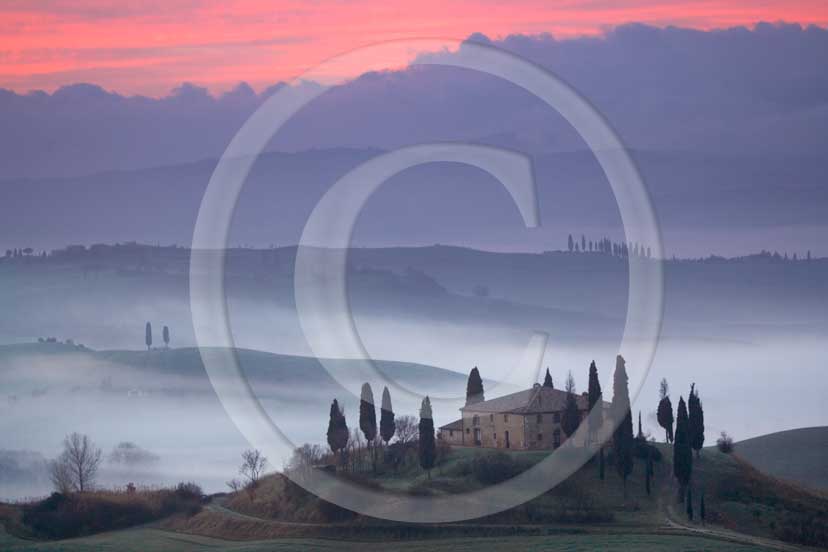 2007 - Landscapes of farm and cipress with fog before sunrise in spring, near S.Quirico village, Orcia valley 21 miles south province of Siena.