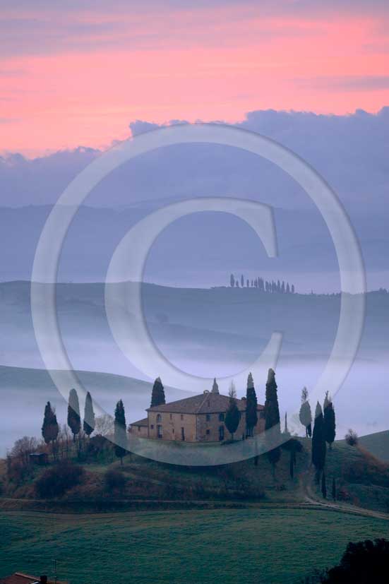 2007 - Landscapes of farm and cipress with fog before sunrise in spring, near S.Quirico village, Orcia valley 21 miles south province of Siena. 