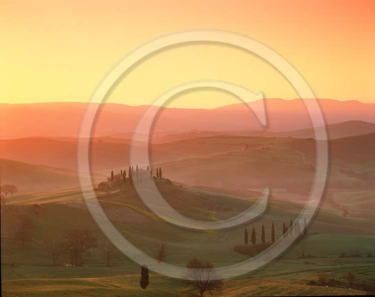 2002 - Landscapes of farm with cipress and fog on sunrise in winter, near S.Quirico village, Orcia valley, 20 miles south province of Siena.