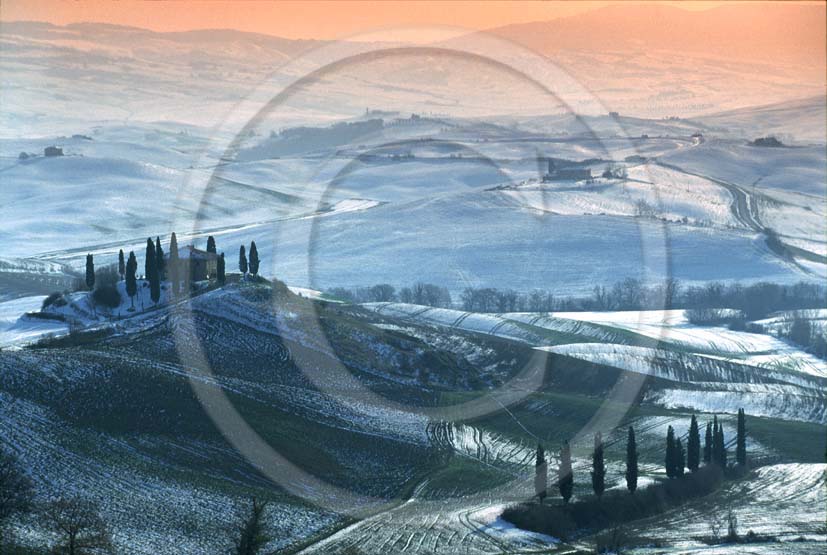 2000 - Landscapes of farm and cipress with snow in winter, near S.Quirico village, Orcia valley, 15 miles south province of Siena.