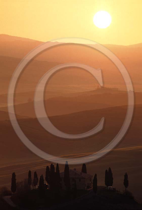 2000 - Landscapes of farm and cipress on surise in summer, near S.Quirico village, Orcia valley, 15 miles south province of Siena.