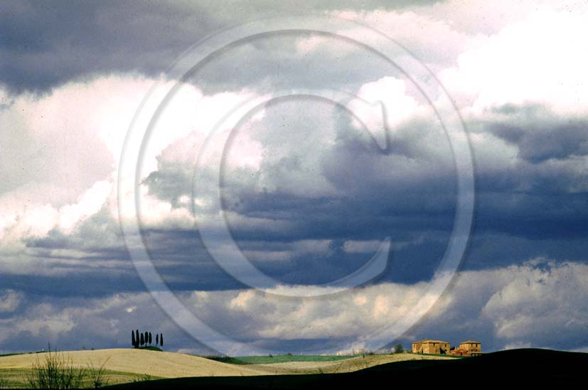 1985 - Landscapes of farm and cipress with white clouds a bit before thunderstorm in autumn, near Monteroni village place, Arbia valley, 6 miles south the province of Siena.
