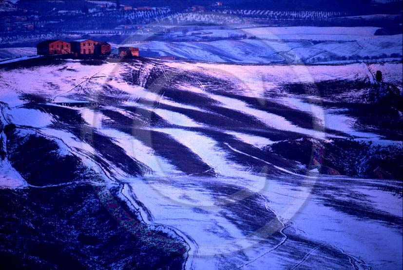 2000 - Landscapes of farm with snow on sunrise in winter, near Mucigliani place, Crete Senesi land, 13 miles south province of Siena.