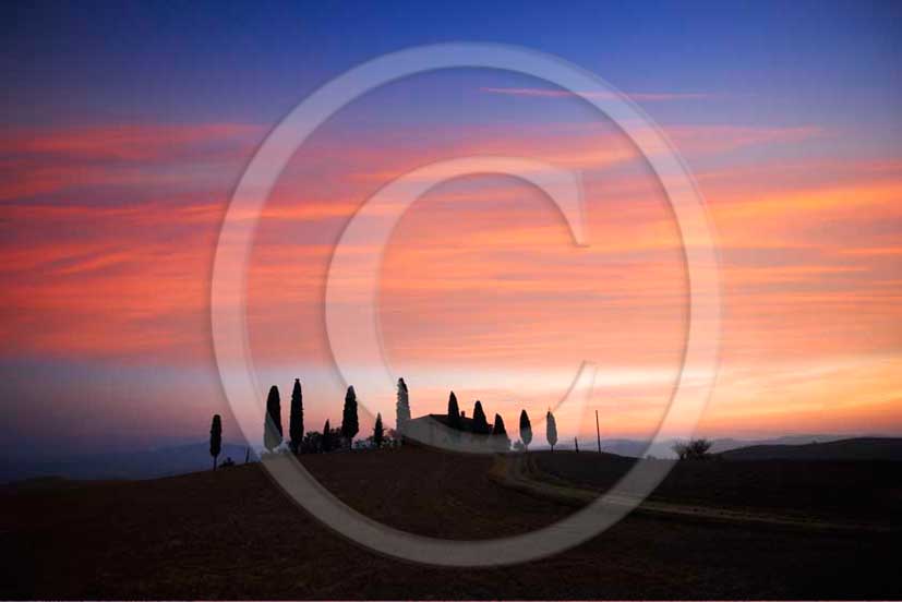 2011 - Tuscan skyline of farm nd cypress prior the sunrise in Orcia valley.