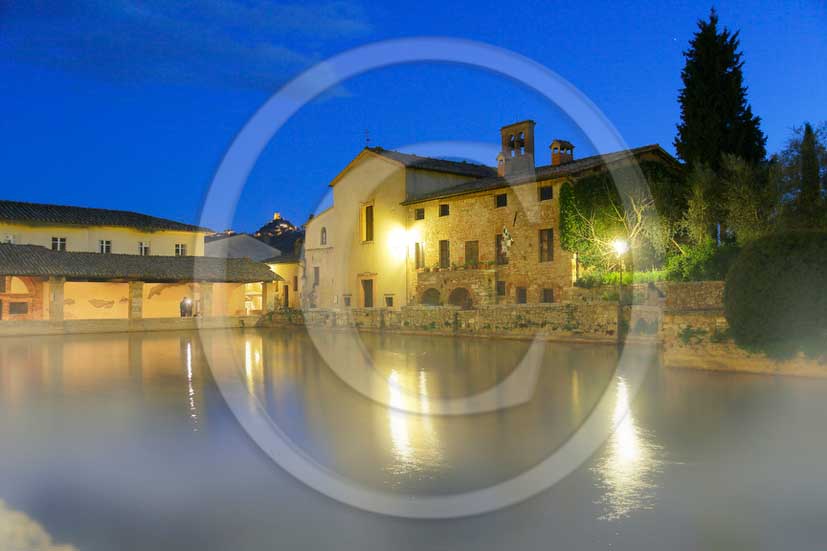 2012 - Night view of the main square of thermal water of Bagno Vignoni village in Orcia valley.