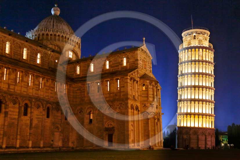 2013 - Night view of the cathedral and leaning tower of Pisa town during the Saint Ranieri patron day.