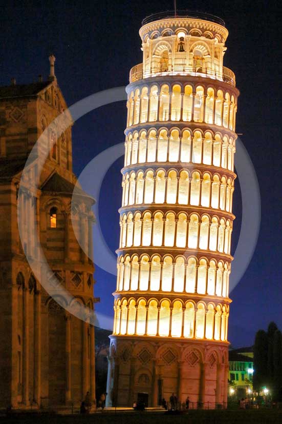 2013 - Night view of the cathedral and leaning tower of Pisa town during the Saint Ranieri patron day.