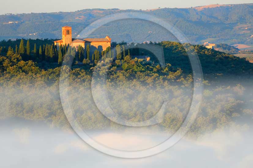 2013 - View at sunrise with fog of Orcia valley with Saint Anna in Camprena Monasty near Castelmuzio village.