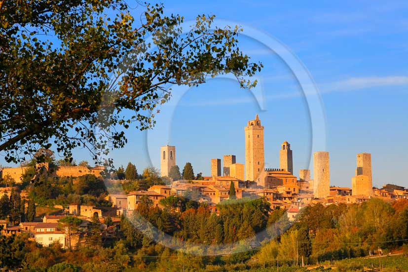 2013 - View on early morning of San Gimignano village and its towers in Chianti Classico land..