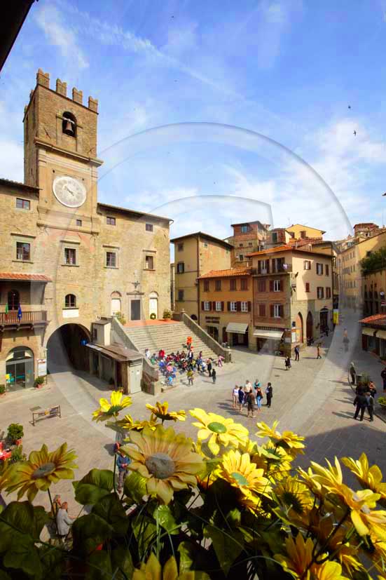 2009 - A view of the main square of Cortona medieval village with the Council Palace on background, Val di Chiana valley, 21 miles east Arezzo province.  			
  			