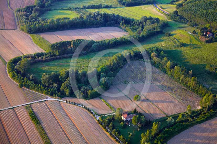 2009 - Aerial view of landscapes with farm and cypress line on late
afternoon in springs, near Volterra medieval village, Era valley, 26
miles south east Pisa province.  			
  			