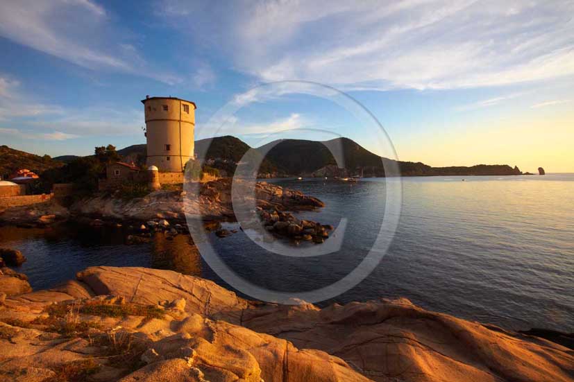 2009 - View of the tower of Campese beach of Isle of Giglio on summer, Maremma land, 80 miles south the province of Grosseto.