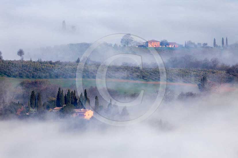 2009 - Landscapes of farms and cipress immersed into the fog on sunrise in winter, near Buonconvento village, Crete senesi land, 16 miles south province of Siena.