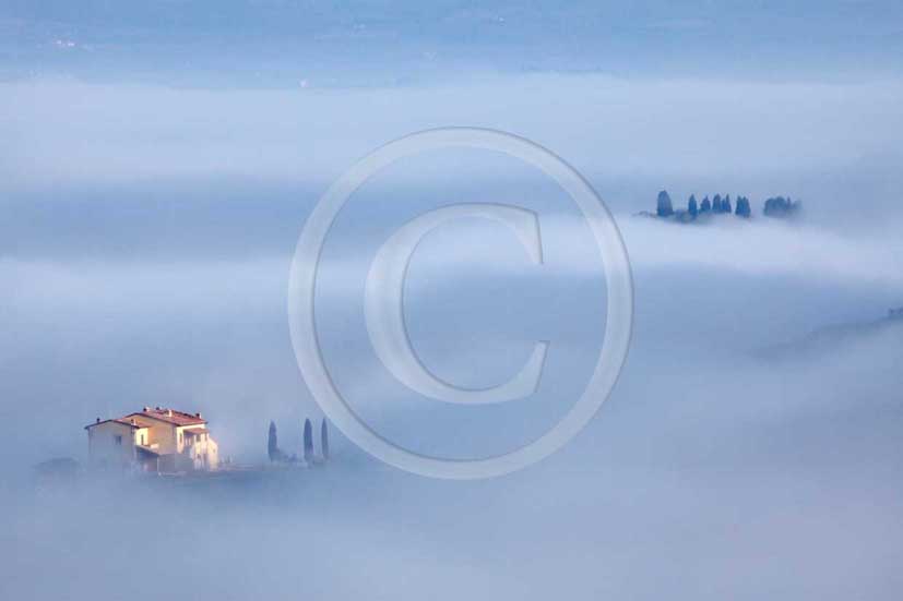 2009 - Landscapes of farms and cipress immersed into the fog on sunrise in winter, near Buonconvento village, Crete senesi land, 16 miles south province of Siena.