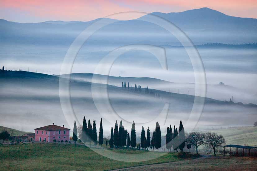 2009 - Landscapes of farm and cipress line with fog on sunrise in winter, near S.Quirico village, Orcia valley, 23 miles south province of Siena.