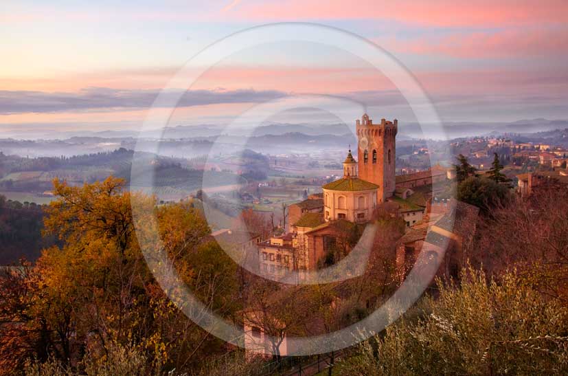 2009 -  A view of San Miniato village on sunrise with fog in winter, Era valley, 18 miles east the Pisa province.