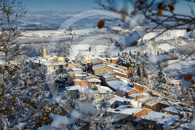 2009 - Surrounding country viewer of San Miniato village with the typical tuscan house top under the snow in winter on early morning, Era valley, 22 miles east Pisa province.  			  			
  			
  			