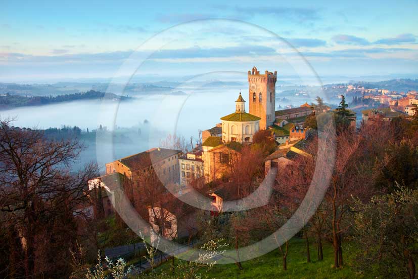 2010 - A view of San Miniato village on sunrise with fog in spring, Era valley, 18 miles east the Pisa province.