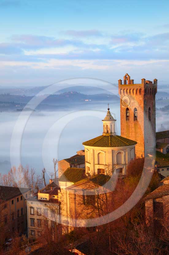 2010 - A view of San Miniato village on sunrise with fog in spring, Era valley, 18 miles east the Pisa province.  			
  			