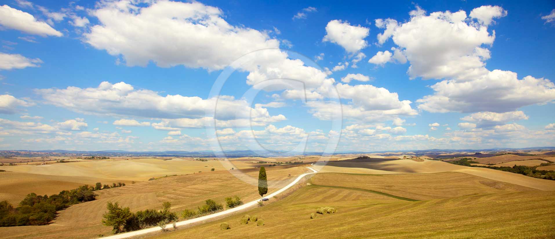 2011 - Panoramic view of cypress and country road near Ville di Corsano in Crete Senesi land.
