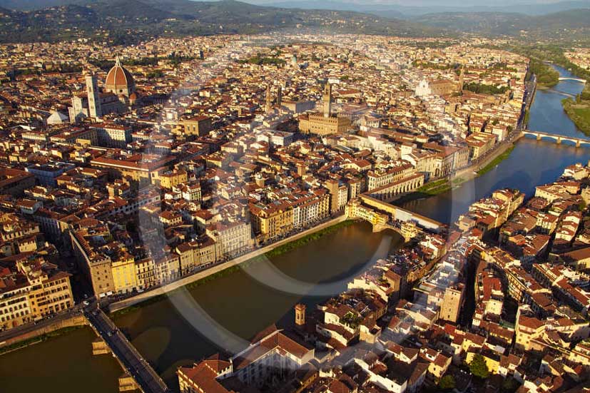 2011 - Aerial view of the town of Florence with the Arno river and the bridges.