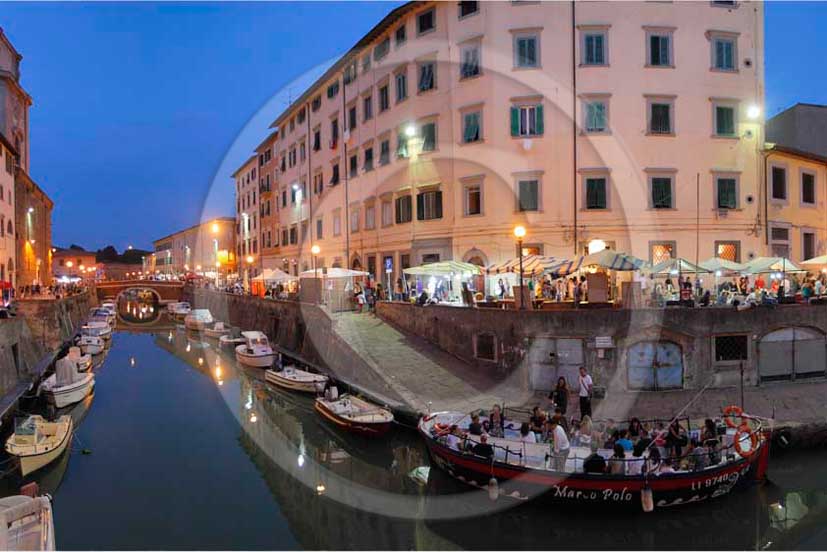 2011 - Night view of the canal and buildings of Livorno town.